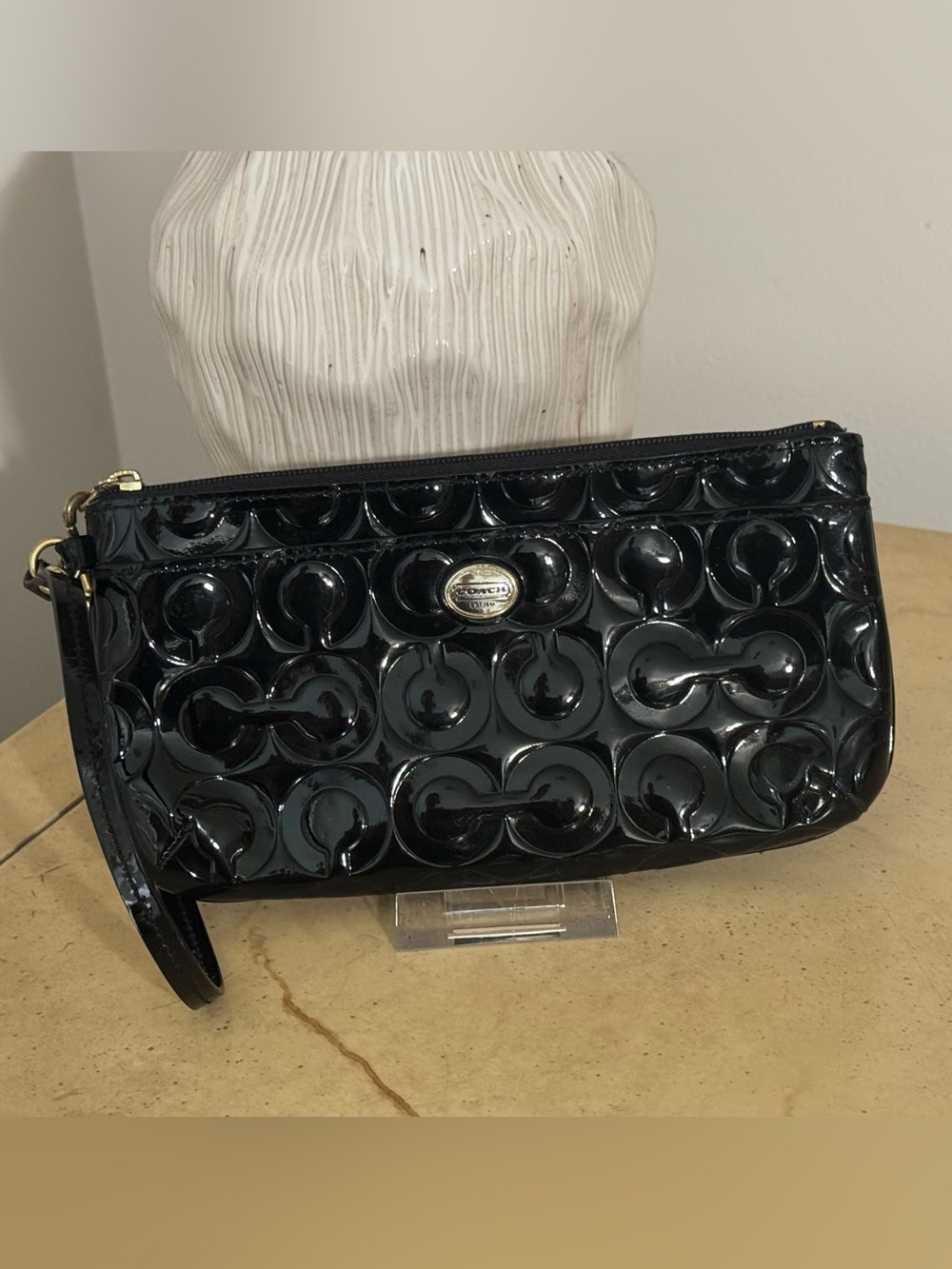 Coach Black Patent Wristlet  Signature Wristlet Clutch